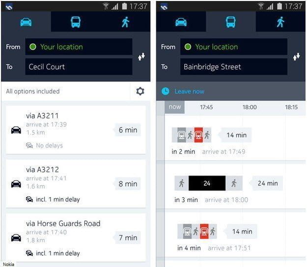 Nokia Here provides directions via transit, walking, or by vehicle.