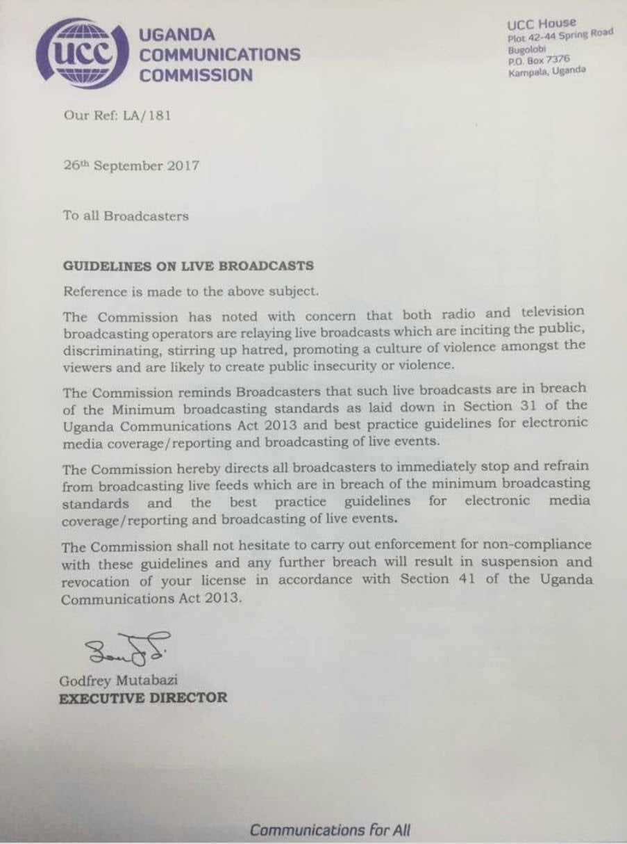 UCC warning on live broadcasts