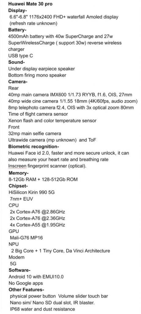 Mate 30 Pro spec sheet