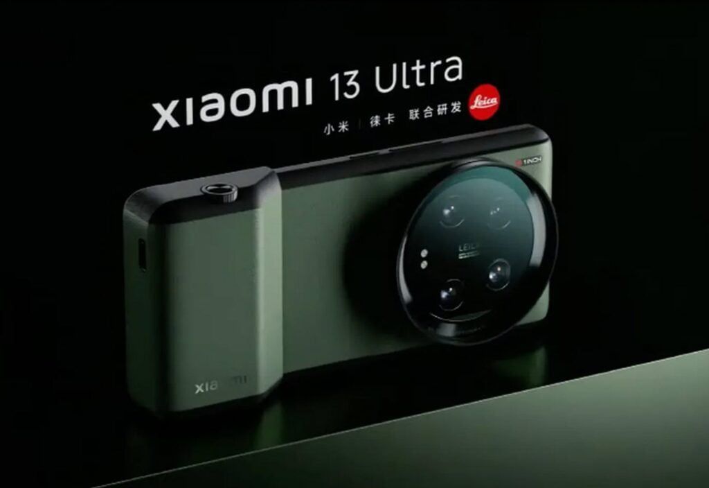 Xiaomi 13 Ultra with a case accessory that adds a traditional shutter release button to the phone.