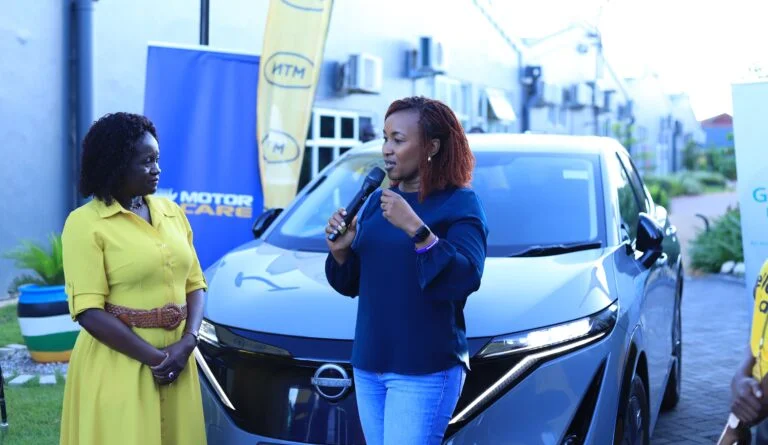 Florence Sempebwa Makada, Managing Director, MotorCare Uganda and Sylvia Mulinge, Chief Executive Officer, MTN Uganda at the handover of the electric test car at the MTN Headquarters