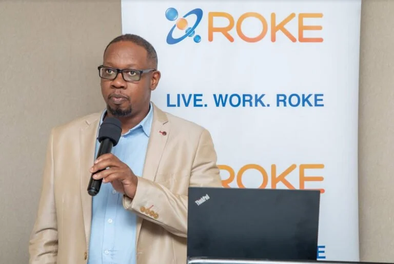Michael Mukasa, Roke Telkom Chief Commercial Officer giving his remarks during the Satellite workshop
