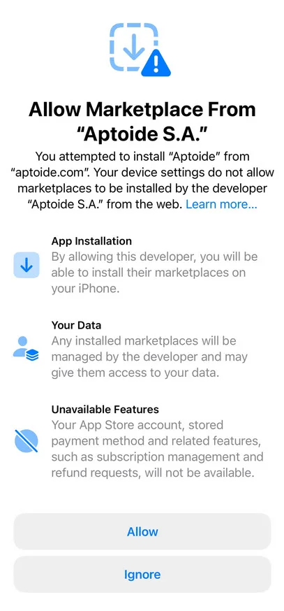 An example of the screens you have to click through before you can actually install a store like Aptoide. Image: Aptoide